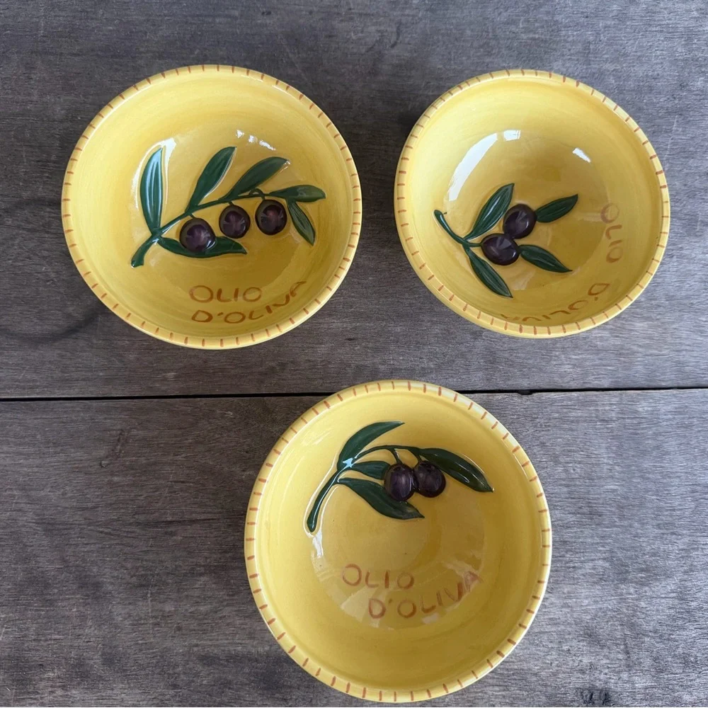Williams-Sonoma Ceramic Dipping Bowls Olio D’Oliva Yellow Olive Design Set of 3